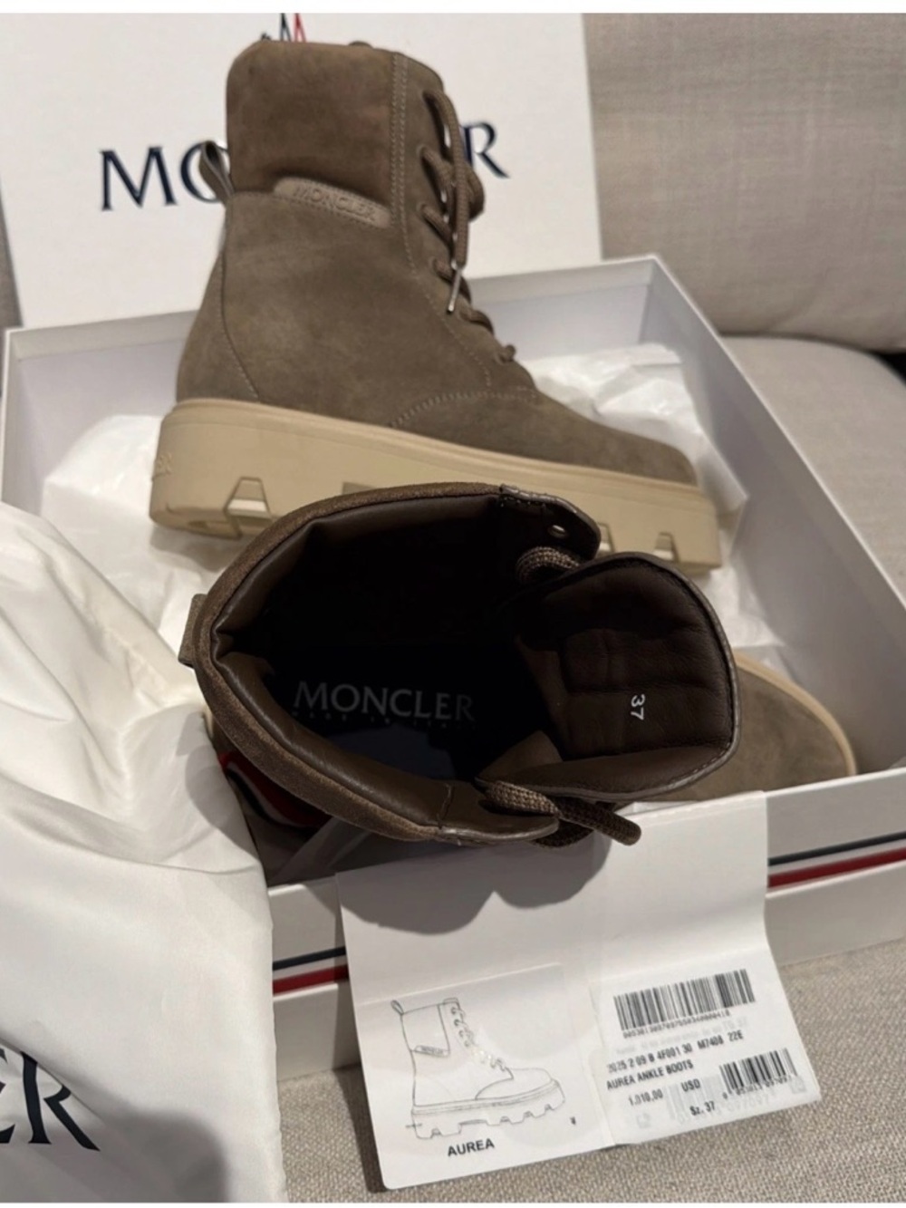 Moncler Taupe Suede Lug Sole Combat Boots Women’s size 37 NIB